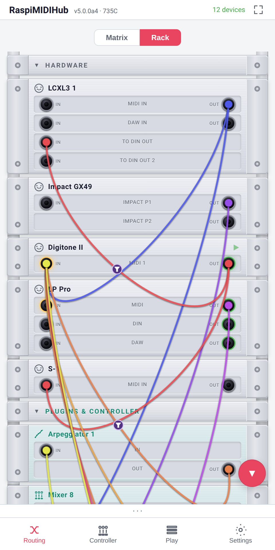 Rack view — devices as 19-inch rack units with patch cables
